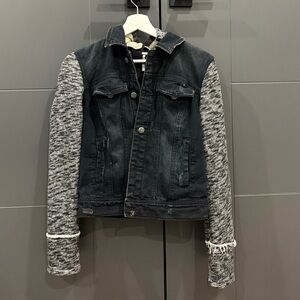 Free People Black Denim Jacket with Gray Knit Sleeves